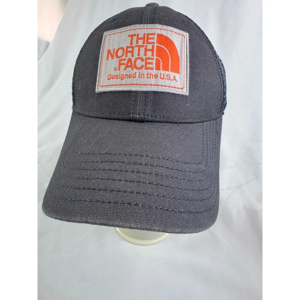 The North Face Trucker Hat Charcoal Grey Orange Logo Snapback Mesh Cap